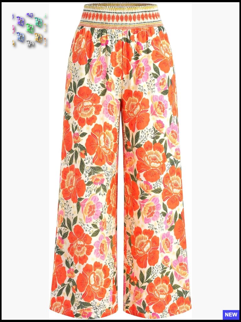 Wide Leg Pants Smocked Waist Floral Boho Loose Fit Summer Resort Travel Comfy